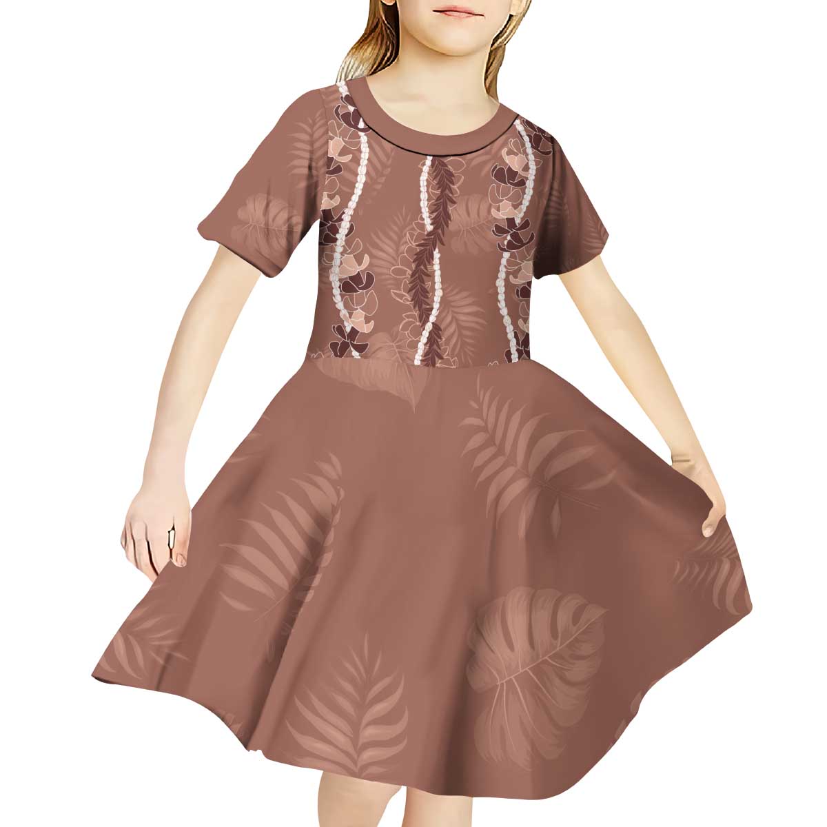 Hawaii Maile Lei Kid Short Sleeve Dress With Brown Monstera Pattern LT05 - Polynesian Pride