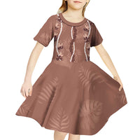 Hawaii Maile Lei Kid Short Sleeve Dress With Brown Monstera Pattern LT05 - Polynesian Pride