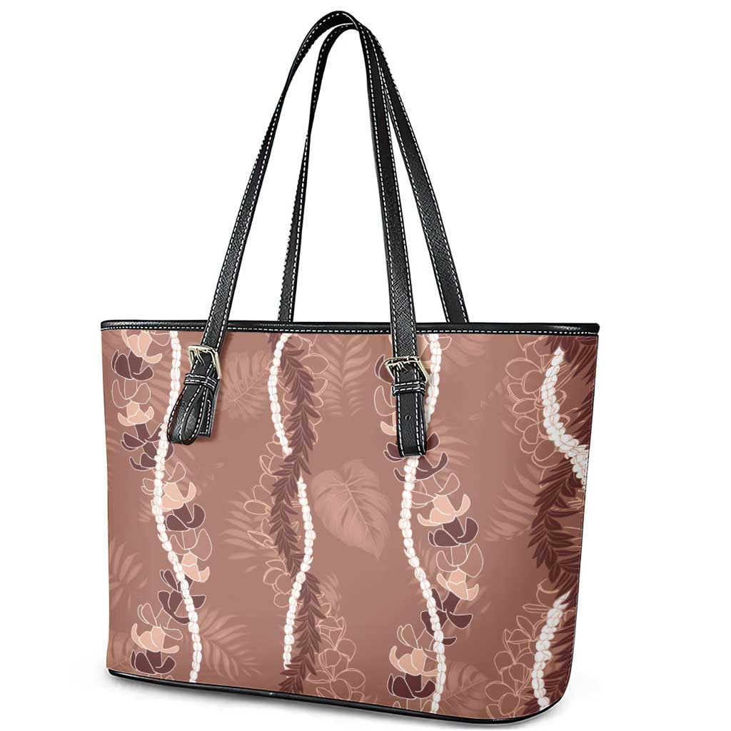 Hawaii Maile Lei Leather Tote Bag With Brown Monstera Pattern LT05 - Polynesian Pride