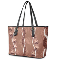 Hawaii Maile Lei Leather Tote Bag With Brown Monstera Pattern LT05 - Polynesian Pride
