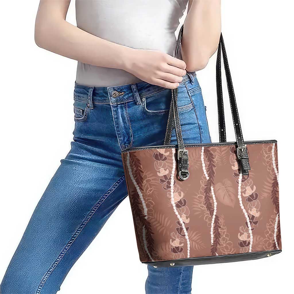 Hawaii Maile Lei Leather Tote Bag With Brown Monstera Pattern LT05 - Polynesian Pride