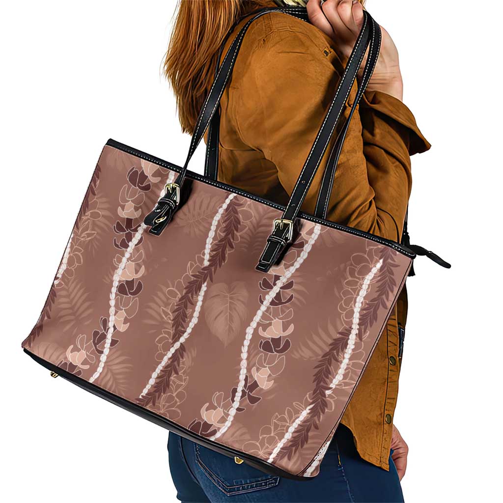 Hawaii Maile Lei Leather Tote Bag With Brown Monstera Pattern LT05 - Polynesian Pride