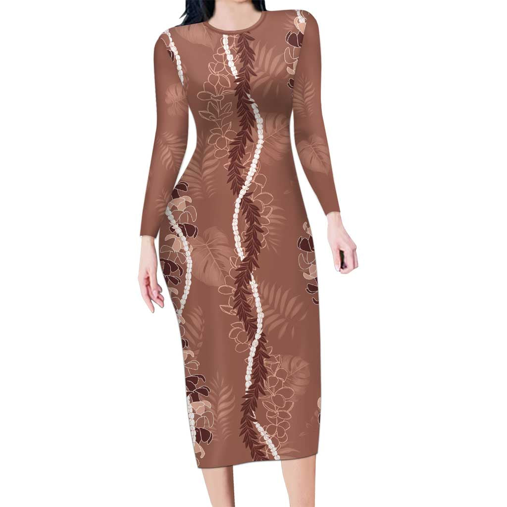 Hawaii Maile Lei Long Sleeve Bodycon Dress With Brown Monstera Pattern LT05 Long Dress Brown - Polynesian Pride