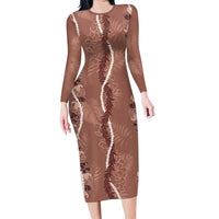 Hawaii Maile Lei Long Sleeve Bodycon Dress With Brown Monstera Pattern LT05 Long Dress Brown - Polynesian Pride