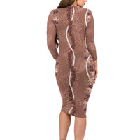 Hawaii Maile Lei Long Sleeve Bodycon Dress With Brown Monstera Pattern LT05 - Polynesian Pride