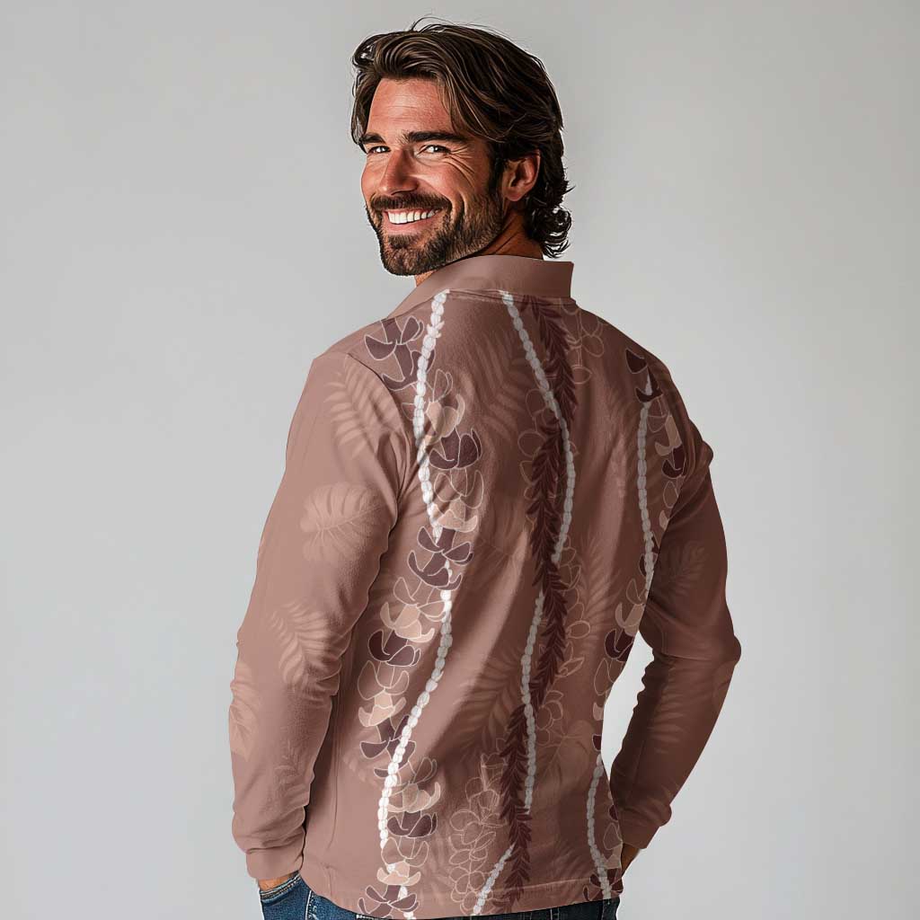 Hawaii Maile Lei Long Sleeve Polo Shirt With Brown Monstera Pattern