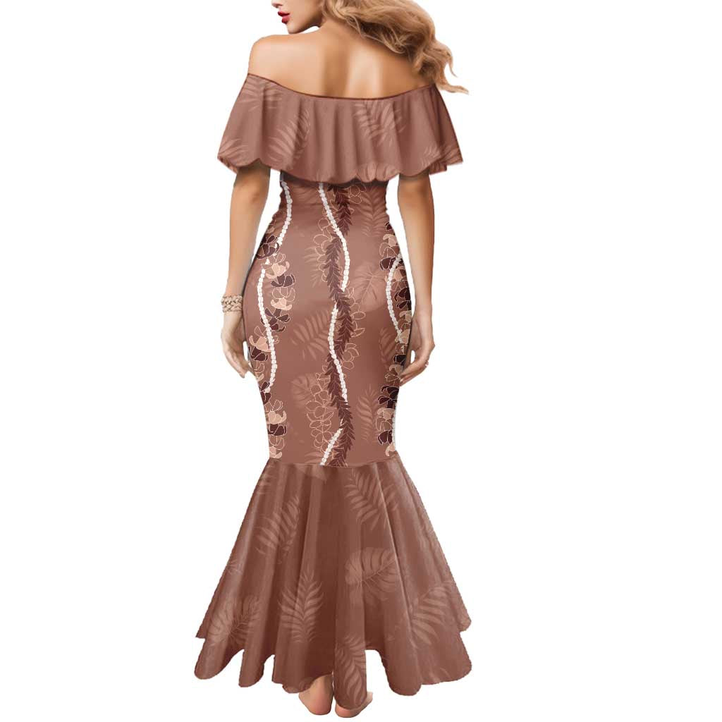 Hawaii Maile Lei Mermaid Dress With Brown Monstera Pattern LT05 - Polynesian Pride
