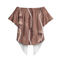 Hawaii Maile Lei Off Shoulder Wrap Waist Top With Brown Monstera Pattern LT05 - Polynesian Pride