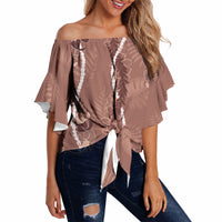 Hawaii Maile Lei Off Shoulder Wrap Waist Top With Brown Monstera Pattern LT05 - Polynesian Pride