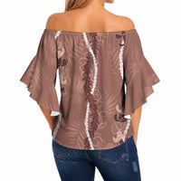 Hawaii Maile Lei Off Shoulder Wrap Waist Top With Brown Monstera Pattern LT05 - Polynesian Pride