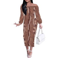 Hawaii Maile Lei Off The Shoulder Long Sleeve Dress With Brown Monstera Pattern