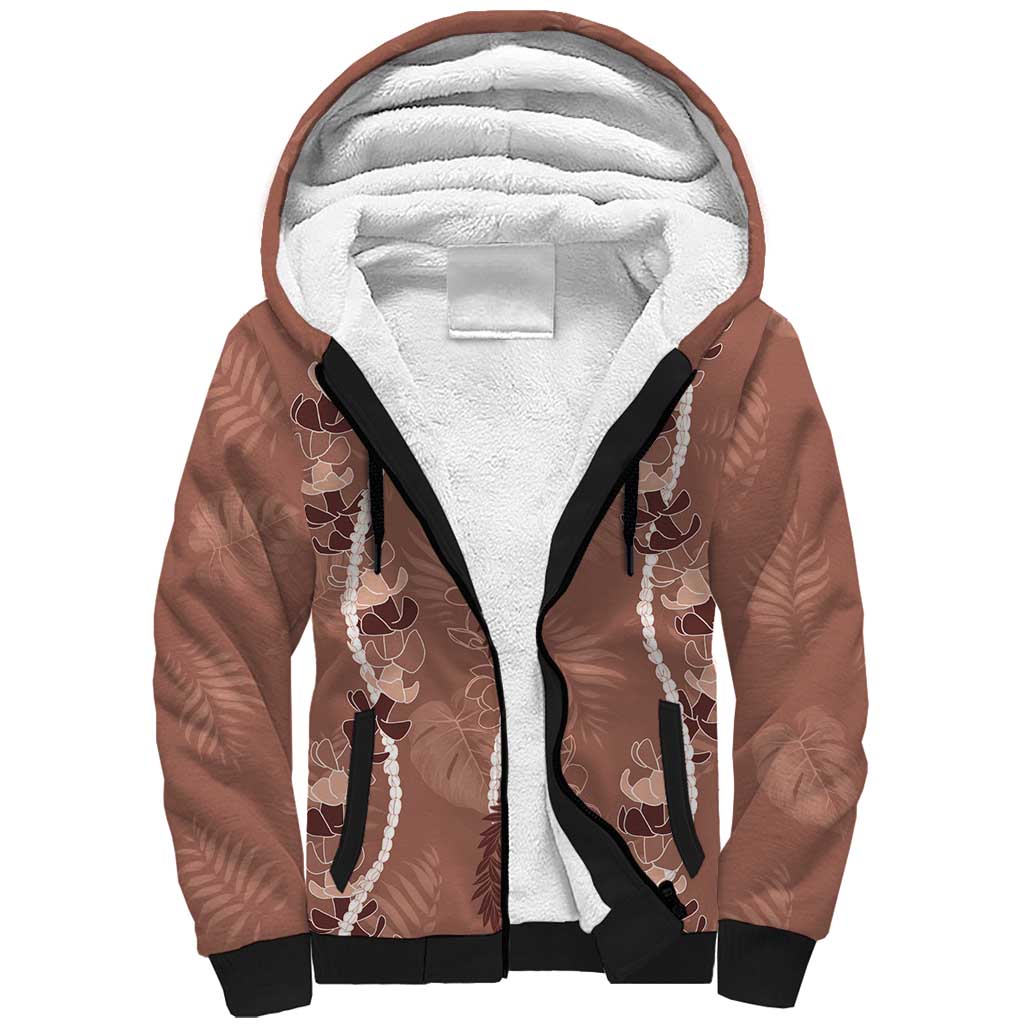Hawaii Maile Lei Sherpa Hoodie With Brown Monstera Pattern LT05 Unisex Brown - Polynesian Pride