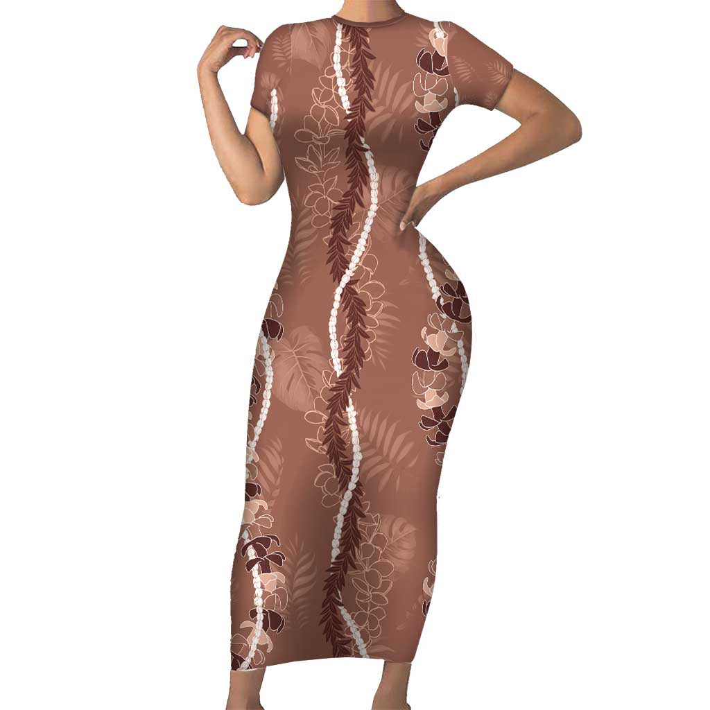 Hawaii Maile Lei Short Sleeve Bodycon Dress With Brown Monstera Pattern LT05 Long Dress Brown - Polynesian Pride