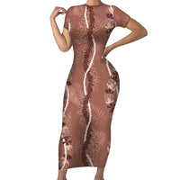 Hawaii Maile Lei Short Sleeve Bodycon Dress With Brown Monstera Pattern LT05 Long Dress Brown - Polynesian Pride