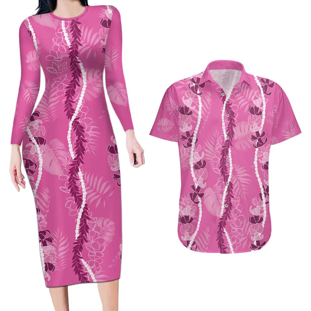 Hawaii Maile Lei Couples Matching Long Sleeve Bodycon Dress and Hawaiian Shirt With Pink Monstera Pattern