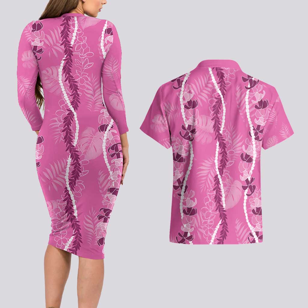 Hawaii Maile Lei Couples Matching Long Sleeve Bodycon Dress and Hawaiian Shirt With Pink Monstera Pattern