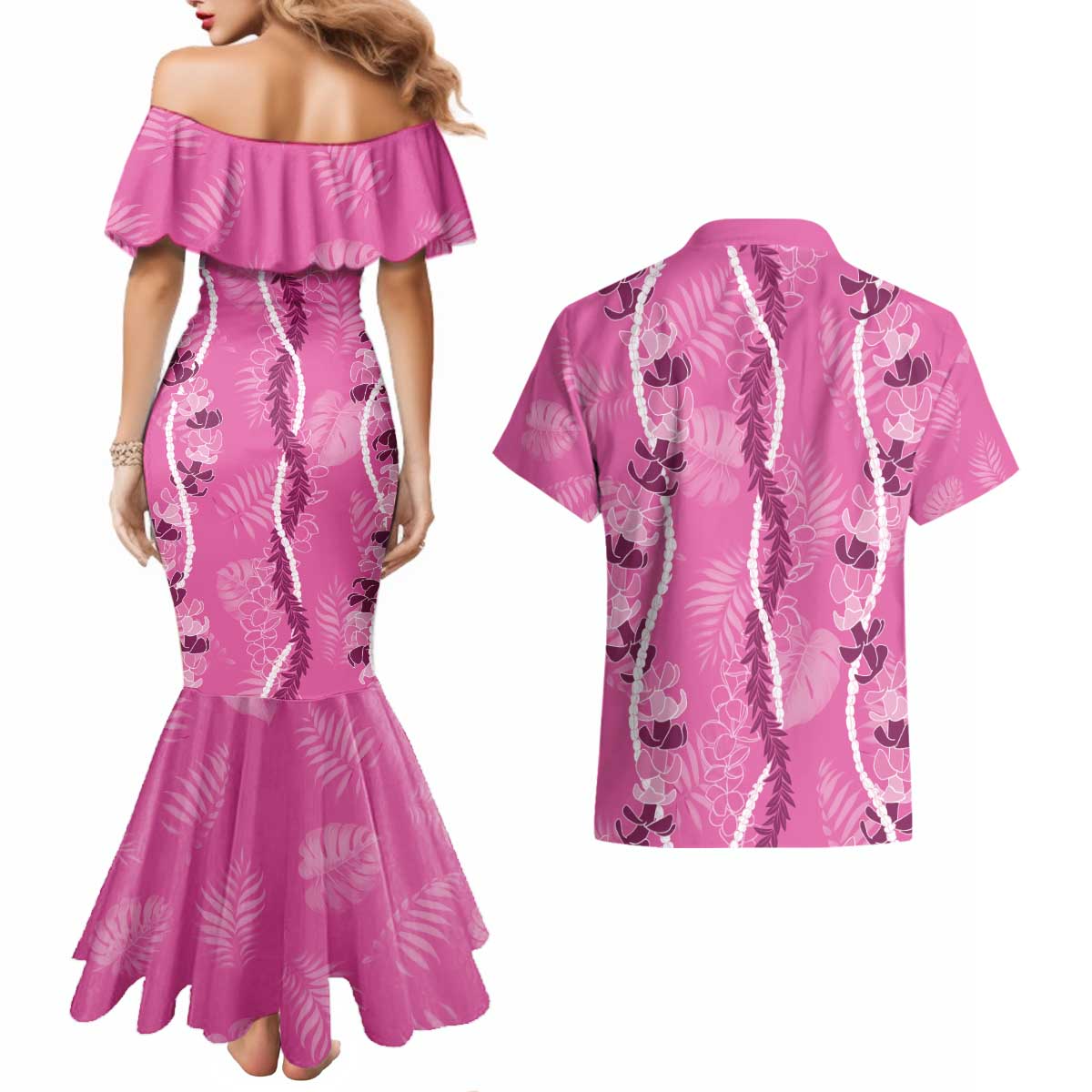 Hawaii Maile Lei Couples Matching Mermaid Dress and Hawaiian Shirt With Pink Monstera Pattern