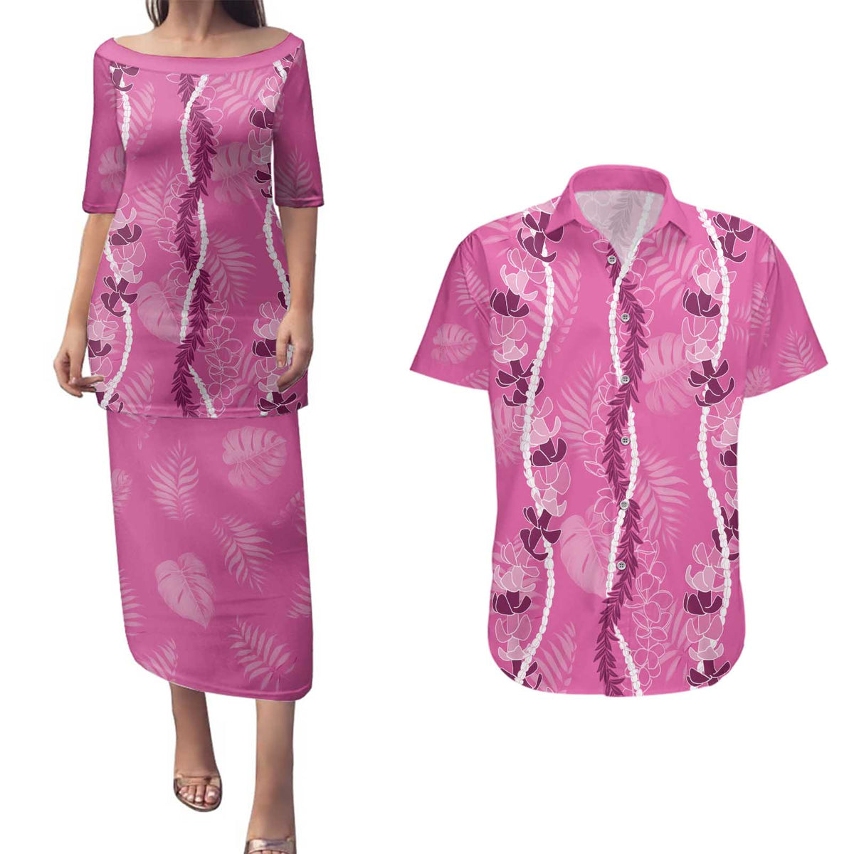 Hawaii Maile Lei Couples Matching Puletasi and Hawaiian Shirt With Pink Monstera Pattern