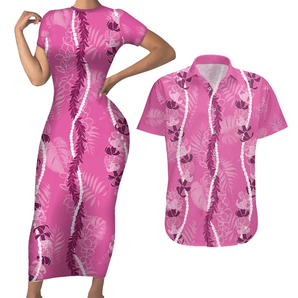 Hawaii Maile Lei Couples Matching Short Sleeve Bodycon Dress and Hawaiian Shirt With Pink Monstera Pattern
