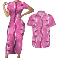 Hawaii Maile Lei Couples Matching Short Sleeve Bodycon Dress and Hawaiian Shirt With Pink Monstera Pattern