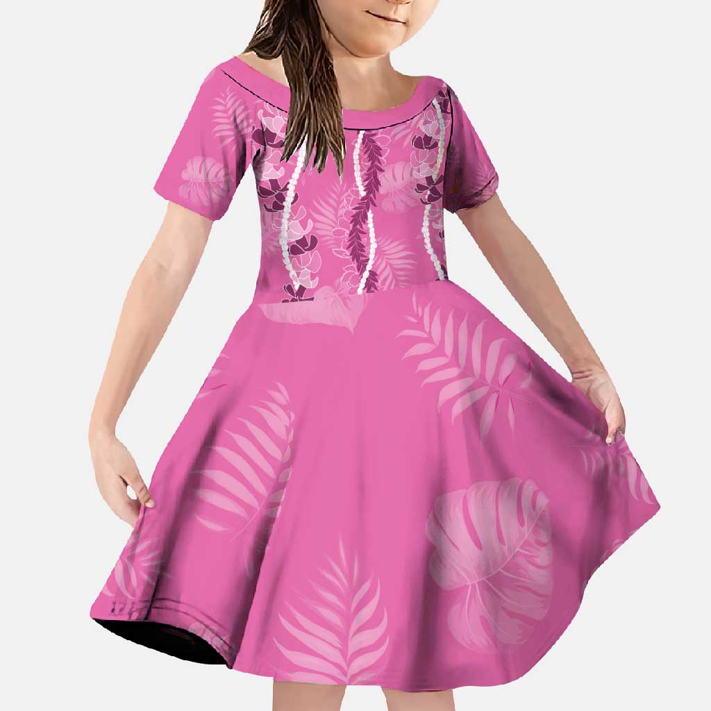 Hawaii Maile Lei Family Matching Off Shoulder Maxi Dress and Hawaiian Shirt With Pink Monstera Pattern LT05 Daughter's Dress Pink - Polynesian Pride