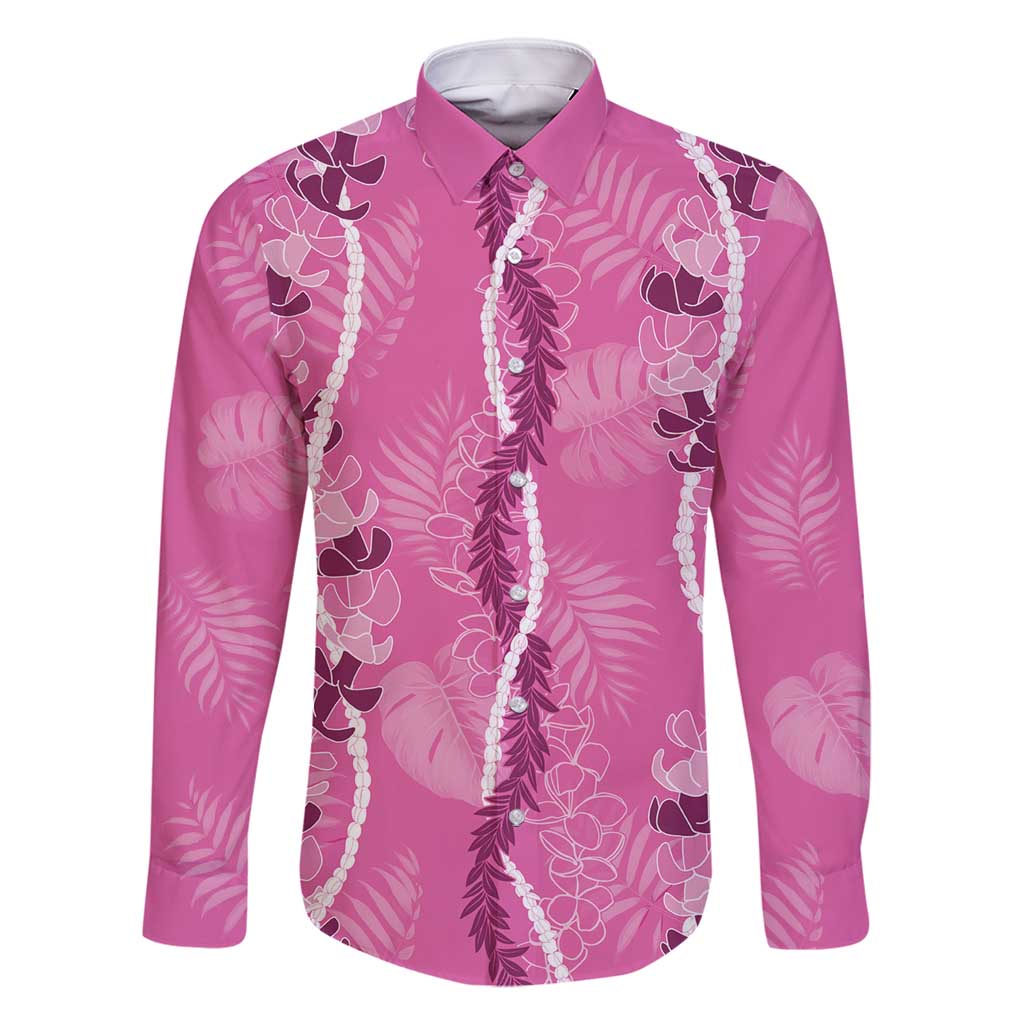 Hawaii Maile Lei Family Matching Off Shoulder Maxi Dress and Hawaiian Shirt With Pink Monstera Pattern LT05 Dad's Shirt - Long Sleeve Pink - Polynesian Pride