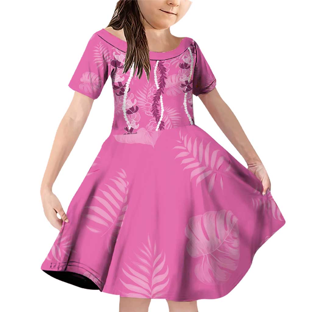 Hawaii Maile Lei Family Matching Off Shoulder Short Dress and Hawaiian Shirt With Pink Monstera Pattern