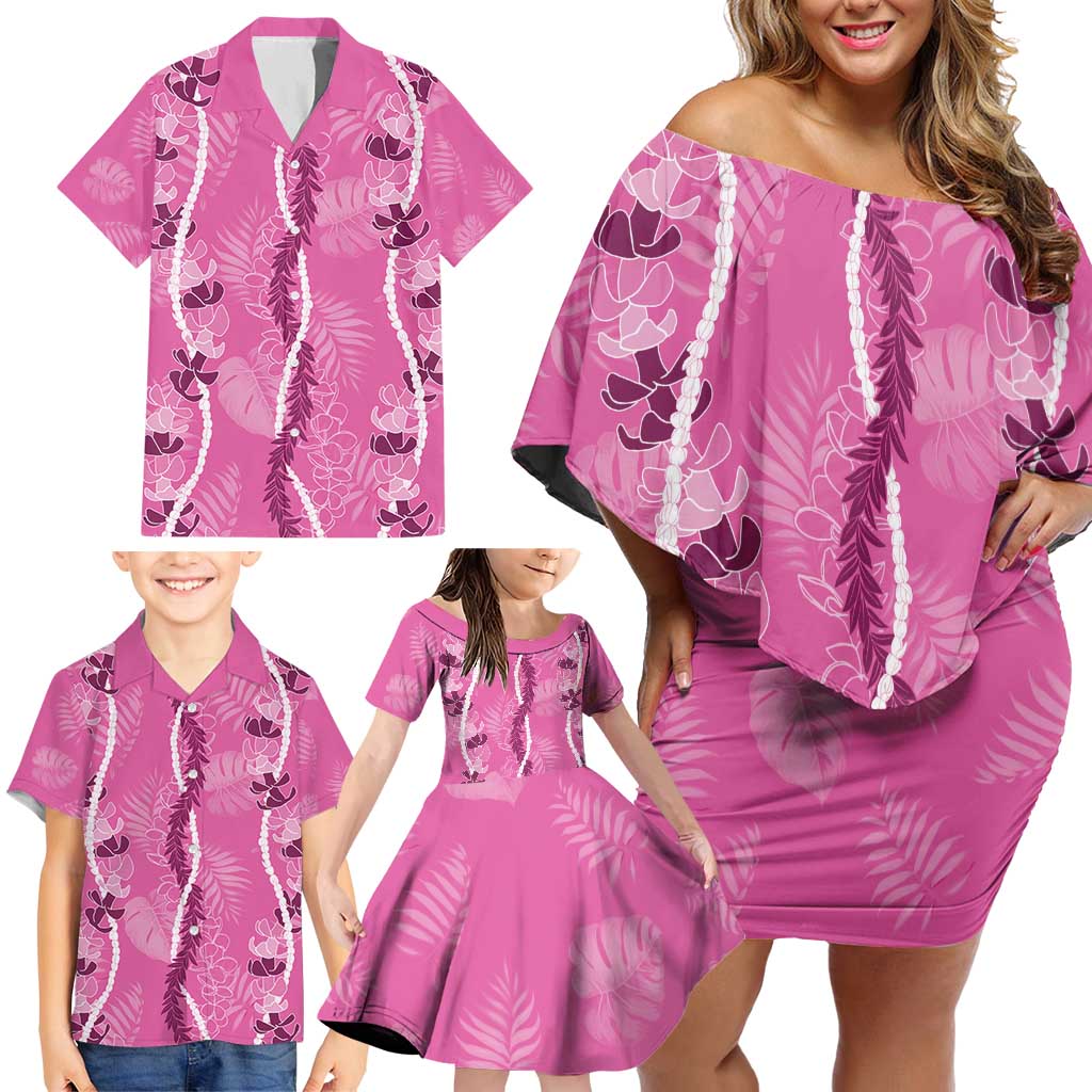Hawaii Maile Lei Family Matching Off Shoulder Short Dress and Hawaiian Shirt With Pink Monstera Pattern