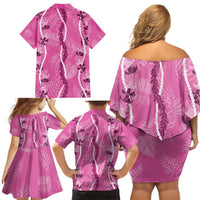 Hawaii Maile Lei Family Matching Off Shoulder Short Dress and Hawaiian Shirt With Pink Monstera Pattern