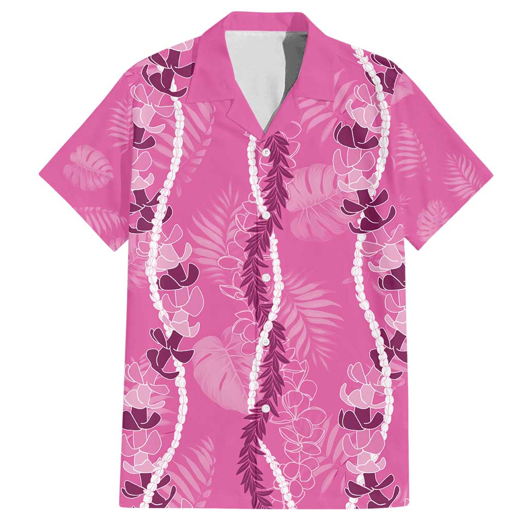 Hawaii Maile Lei Family Matching Off Shoulder Short Dress and Hawaiian Shirt With Pink Monstera Pattern