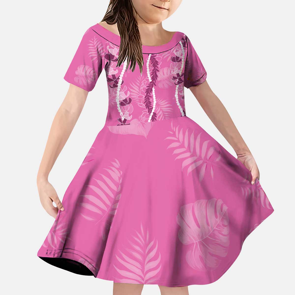 Hawaii Maile Lei Kid Short Sleeve Dress With Pink Monstera Pattern LT05 KID Pink - Polynesian Pride