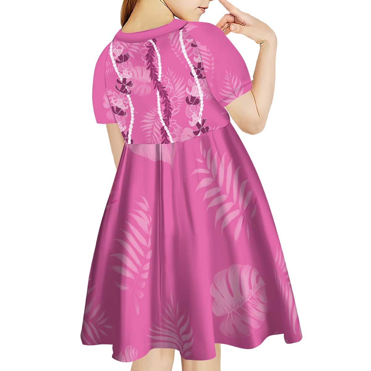 Hawaii Maile Lei Kid Short Sleeve Dress With Pink Monstera Pattern LT05 - Polynesian Pride