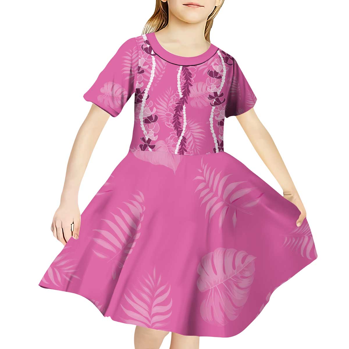 Hawaii Maile Lei Kid Short Sleeve Dress With Pink Monstera Pattern LT05 - Polynesian Pride
