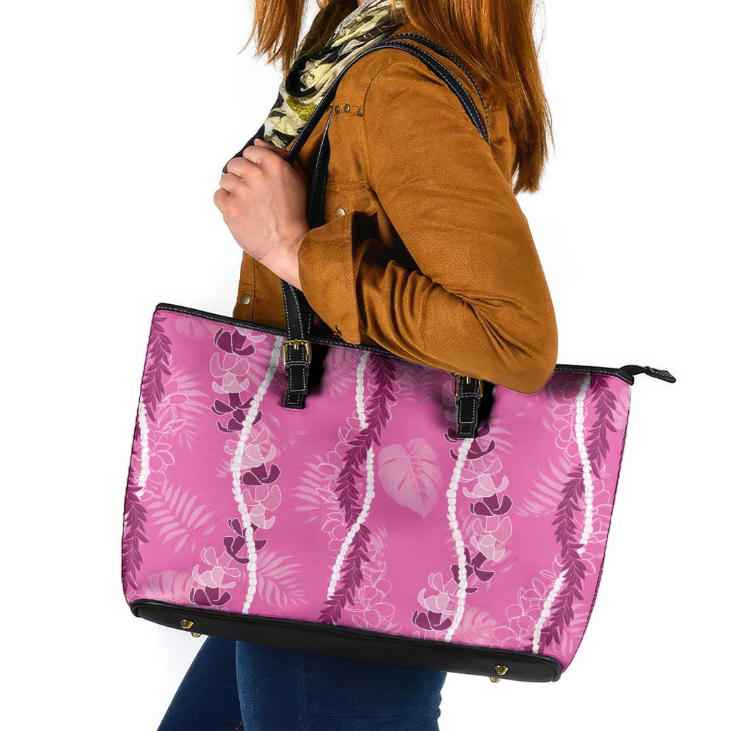 Hawaii Maile Lei Leather Tote Bag With Pink Monstera Pattern LT05 Pink - Polynesian Pride