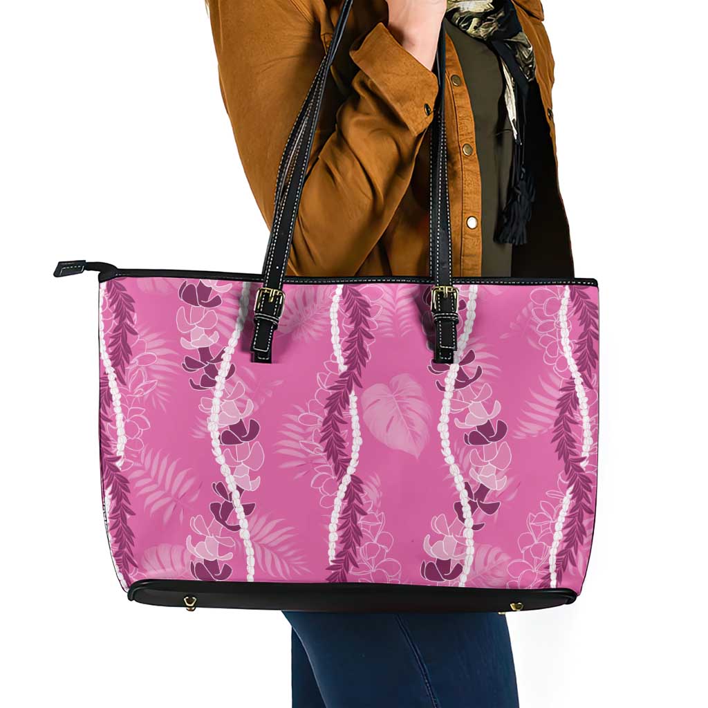 Hawaii Maile Lei Leather Tote Bag With Pink Monstera Pattern LT05 - Polynesian Pride