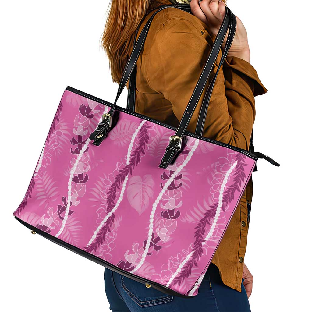 Hawaii Maile Lei Leather Tote Bag With Pink Monstera Pattern LT05 - Polynesian Pride