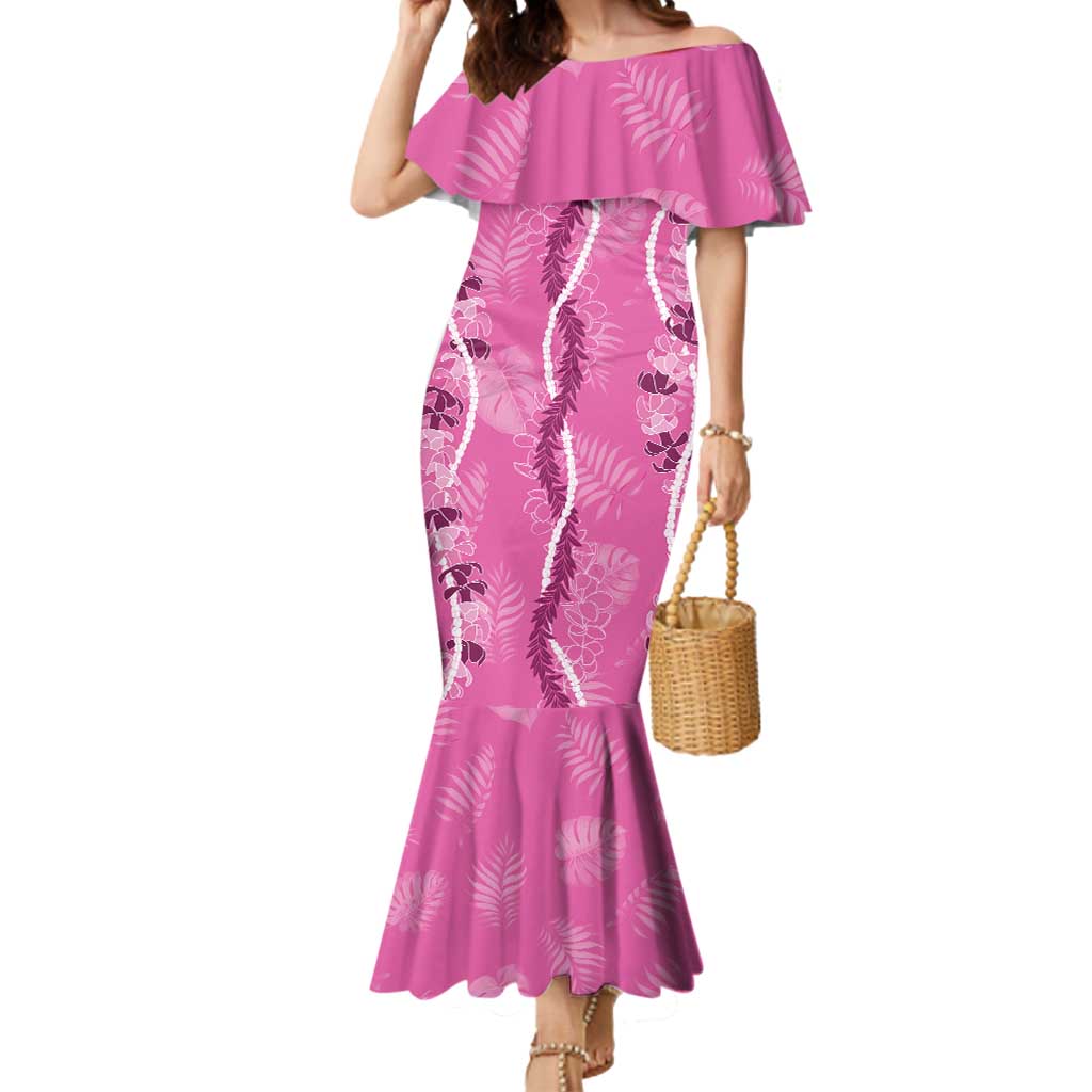 Hawaii Maile Lei Mermaid Dress With Pink Monstera Pattern LT05 Women Pink - Polynesian Pride