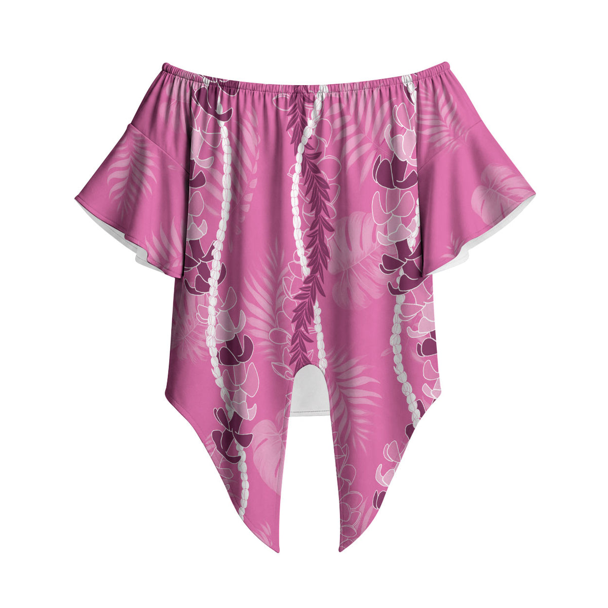 Hawaii Maile Lei Off Shoulder Wrap Waist Top With Pink Monstera Pattern LT05 Pink - Polynesian Pride