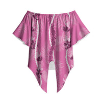 Hawaii Maile Lei Off Shoulder Wrap Waist Top With Pink Monstera Pattern LT05 Pink - Polynesian Pride
