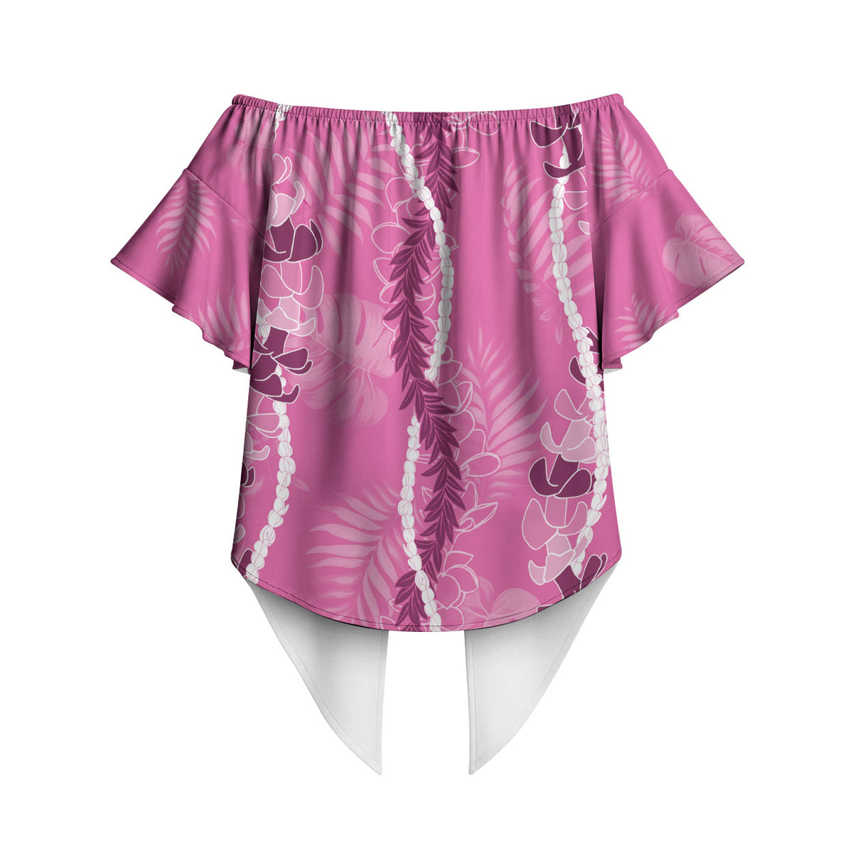 Hawaii Maile Lei Off Shoulder Wrap Waist Top With Pink Monstera Pattern LT05 - Polynesian Pride
