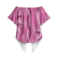 Hawaii Maile Lei Off Shoulder Wrap Waist Top With Pink Monstera Pattern LT05 - Polynesian Pride