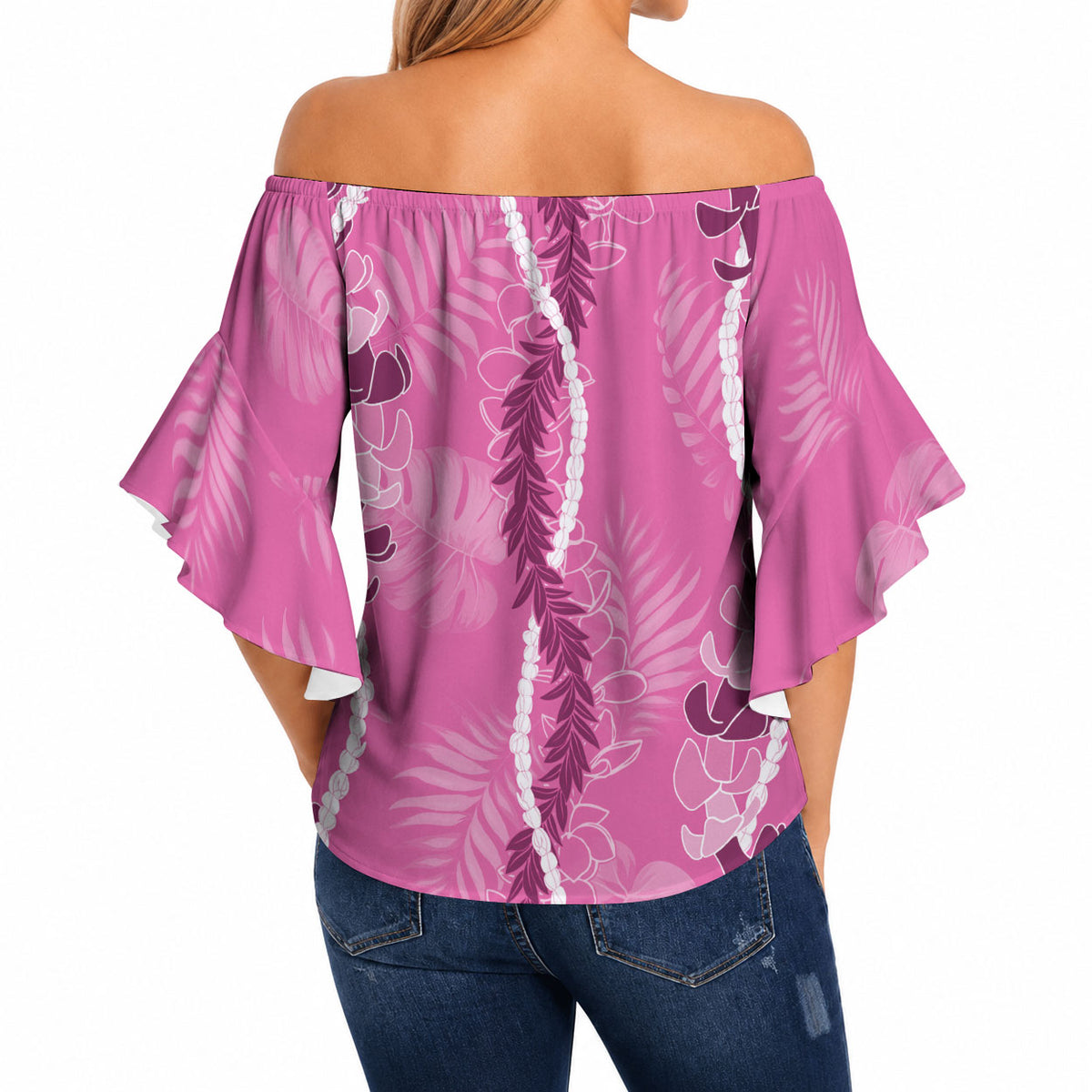 Hawaii Maile Lei Off Shoulder Wrap Waist Top With Pink Monstera Pattern LT05 - Polynesian Pride