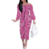 Hawaii Maile Lei Off The Shoulder Long Sleeve Dress With Pink Monstera Pattern LT05 Women Pink - Polynesian Pride