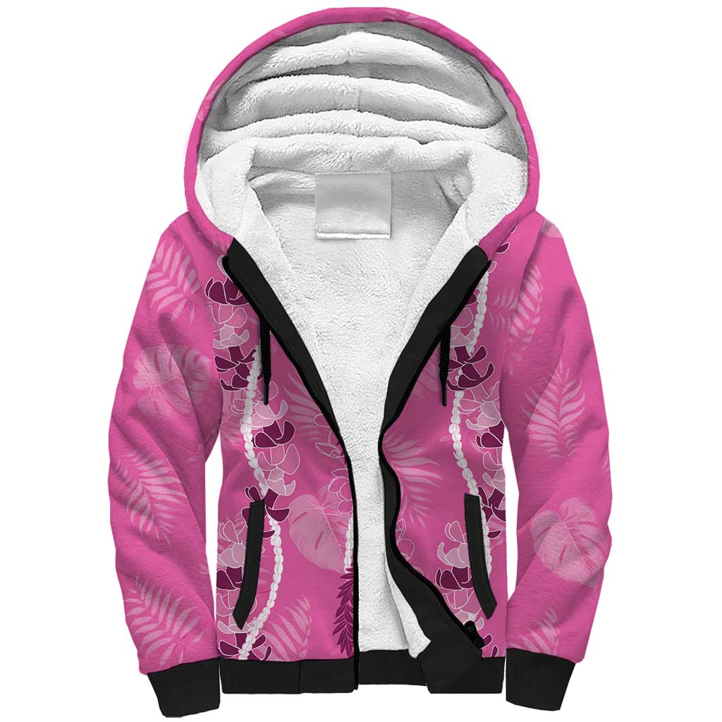 Hawaii Maile Lei Sherpa Hoodie With Pink Monstera Pattern LT05 Unisex Pink - Polynesian Pride