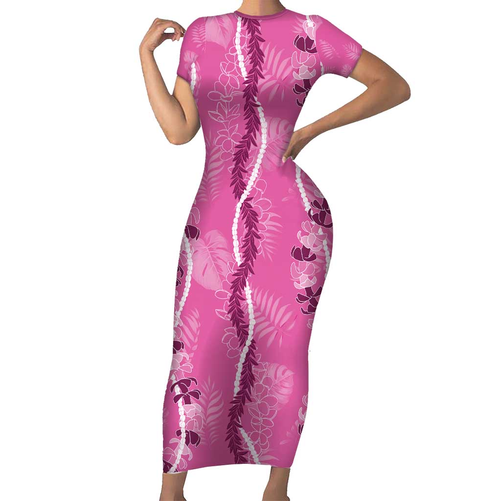 Hawaii Maile Lei Short Sleeve Bodycon Dress With Pink Monstera Pattern LT05 Long Dress Pink - Polynesian Pride