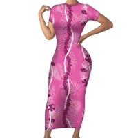 Hawaii Maile Lei Short Sleeve Bodycon Dress With Pink Monstera Pattern LT05 Long Dress Pink - Polynesian Pride