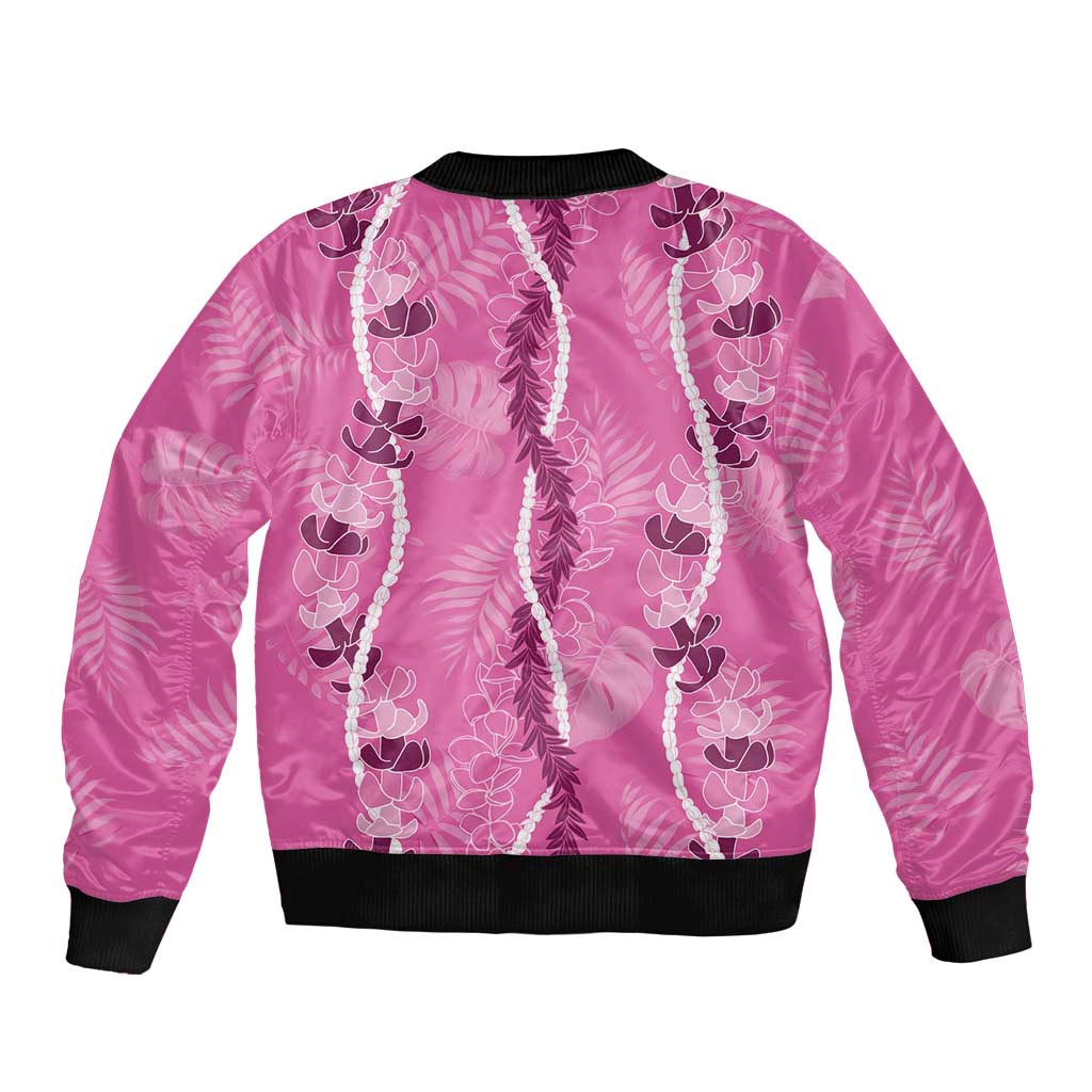 Hawaii Maile Lei Sleeve Zip Bomber Jacket With Pink Monstera Pattern LT05 - Polynesian Pride