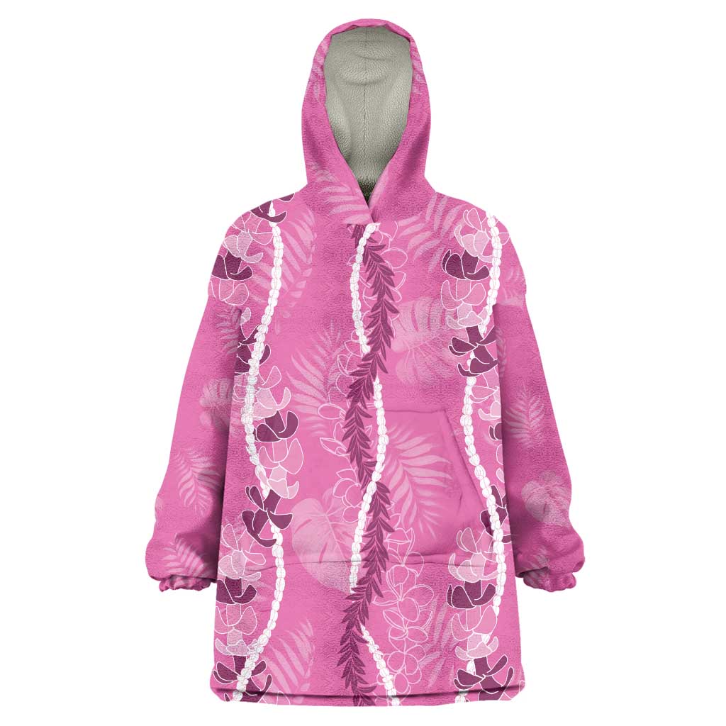 Hawaii Maile Lei Wearable Blanket Hoodie With Pink Monstera Pattern LT05 One Size Pink - Polynesian Pride