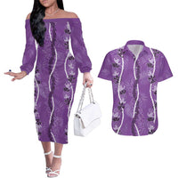 Hawaii Maile Lei Couples Matching Off The Shoulder Long Sleeve Dress and Hawaiian Shirt With Violet Monstera Pattern