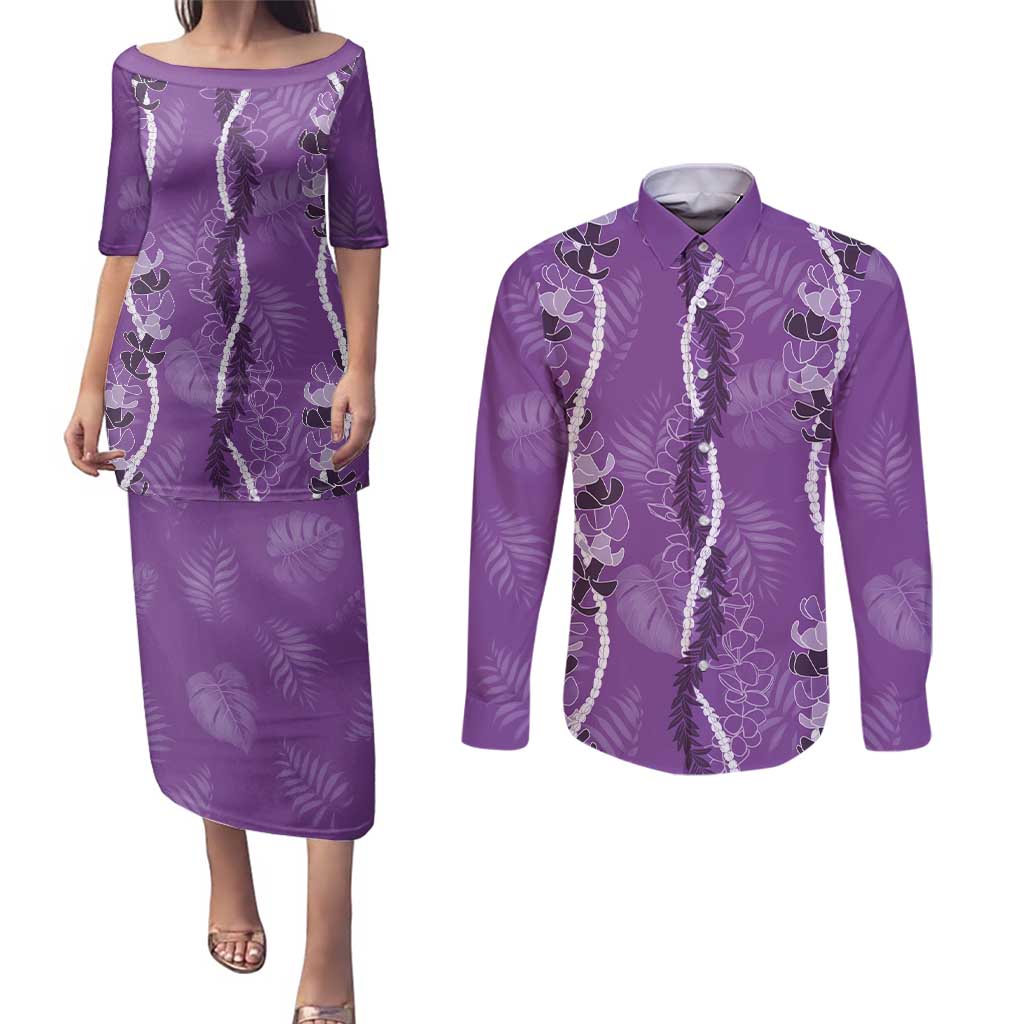 Hawaii Maile Lei Couples Matching Puletasi and Long Sleeve Button Shirt With Violet Monstera Pattern LT05 Violet - Polynesian Pride